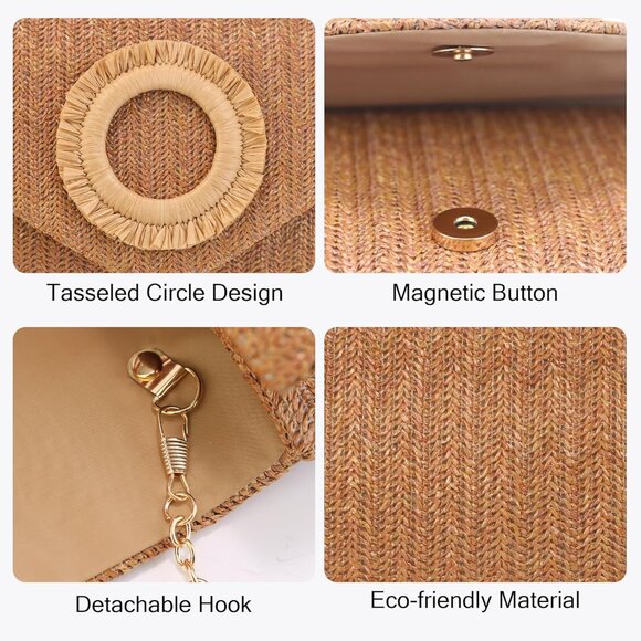 Women's Tan Summer Woven Beach Bag Envelope Evening Handbags Straw Clutch - Picture 4 of 6